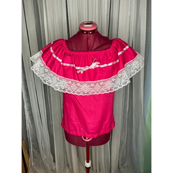 peasant blouse ruffle collar lace pink - Picture 1 of 9